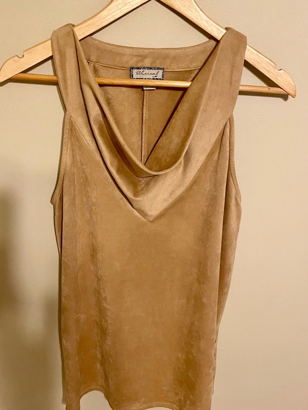 Ethereal :Suede-Like Draped Cowl Neck Top with buttons on each side/Camel